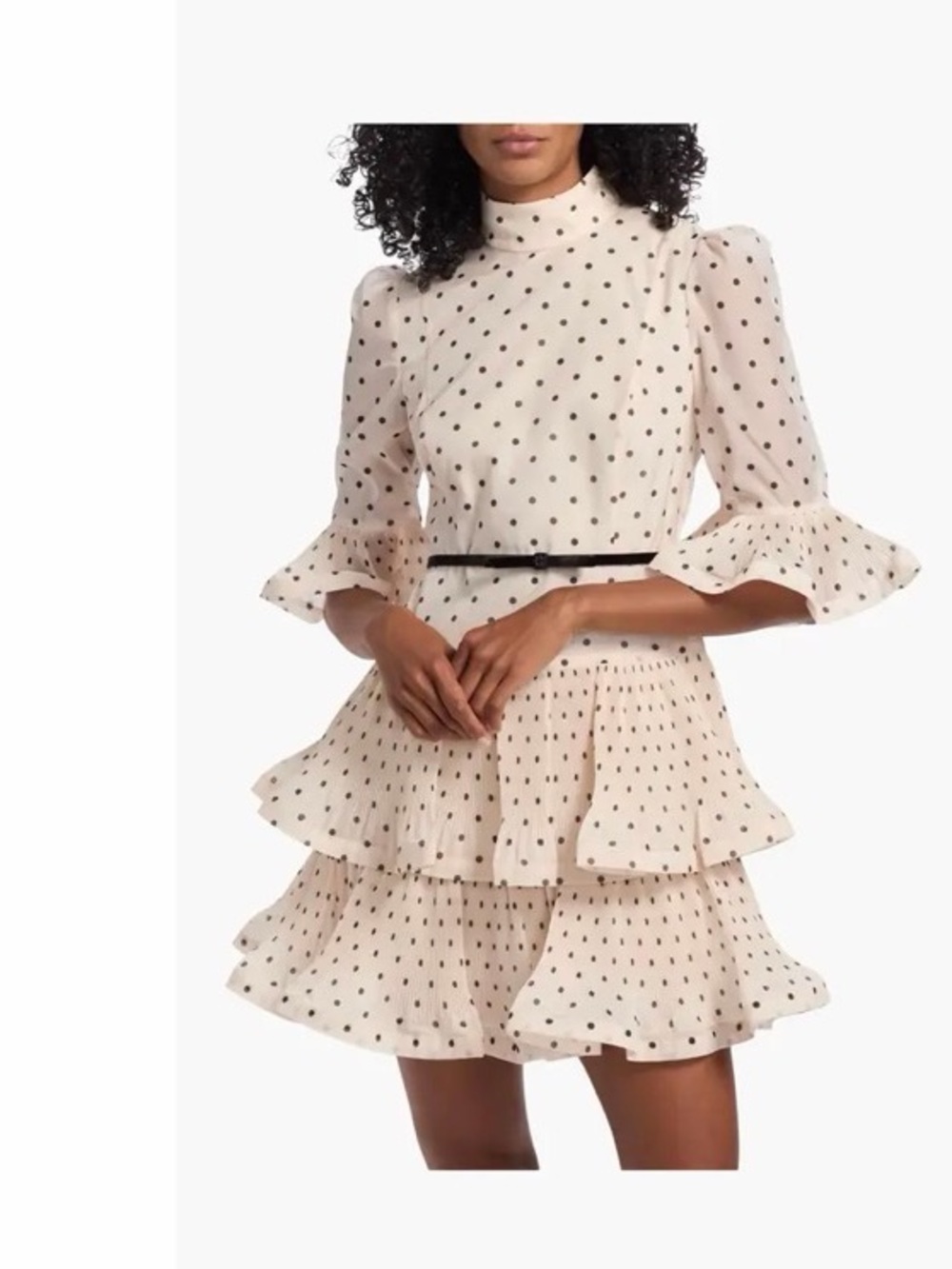 Zimmermann NWT Polka Dot Pleated Sleeved Mini Dress Cream/Black Sz US 6 no belt